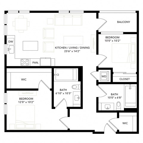 Floor plan for 2 beds, 2 baths, 1045 sqft